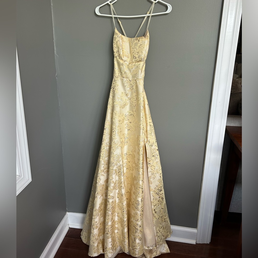 B Darlin Gold floral maxi dress